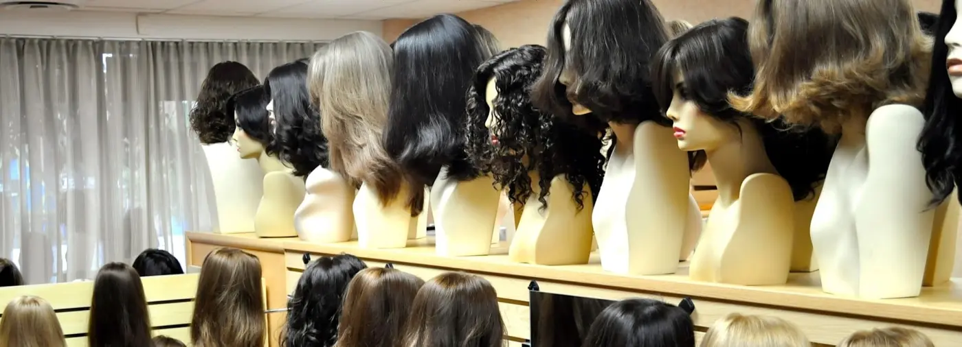 European human hair wigs displayed in the Design by Flora Teaneck showroom
